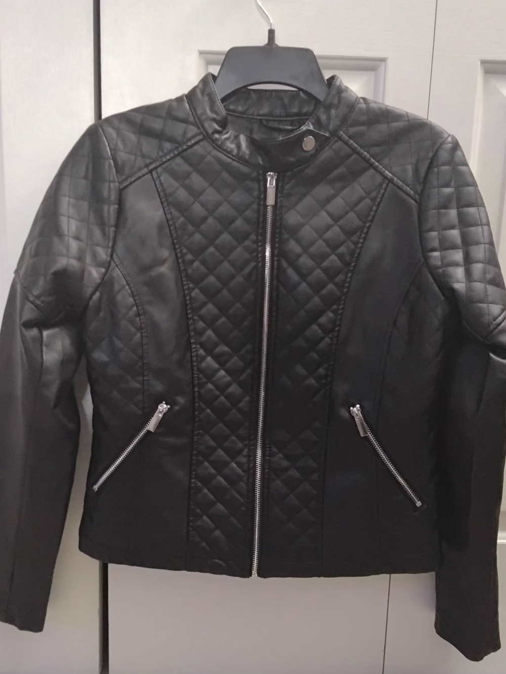 New York & Company Quilted Faux-Leather Moto Jacket, Black, Medium